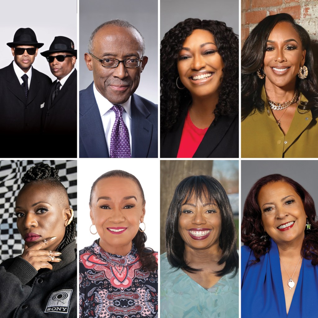 Collage of eight individuals recognized for their contributions to the music and entertainment industries, including producers, executives, and radio personalities.