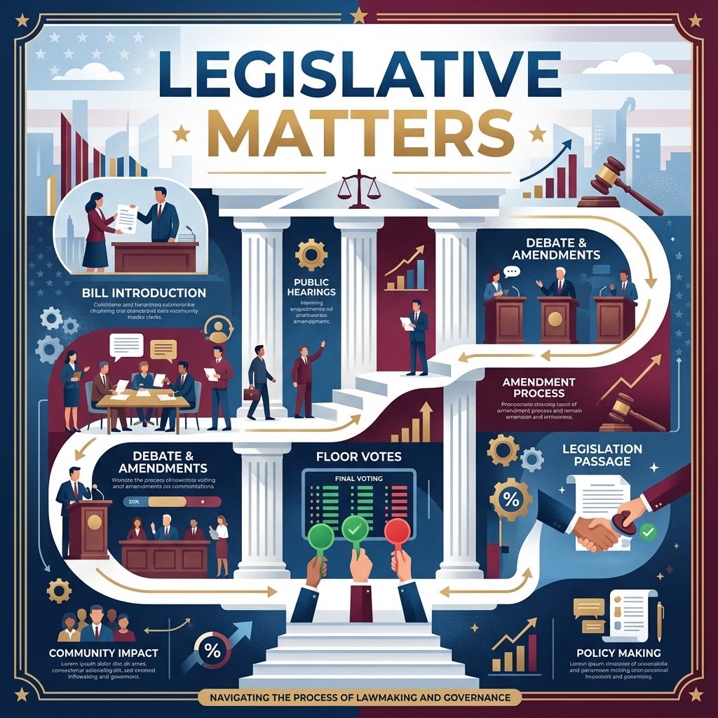 Flowchart showing stages of the legislative process including bill introduction, public hearings, debates, amendments, floor votes, legislation passage, community impact, and policy making.
